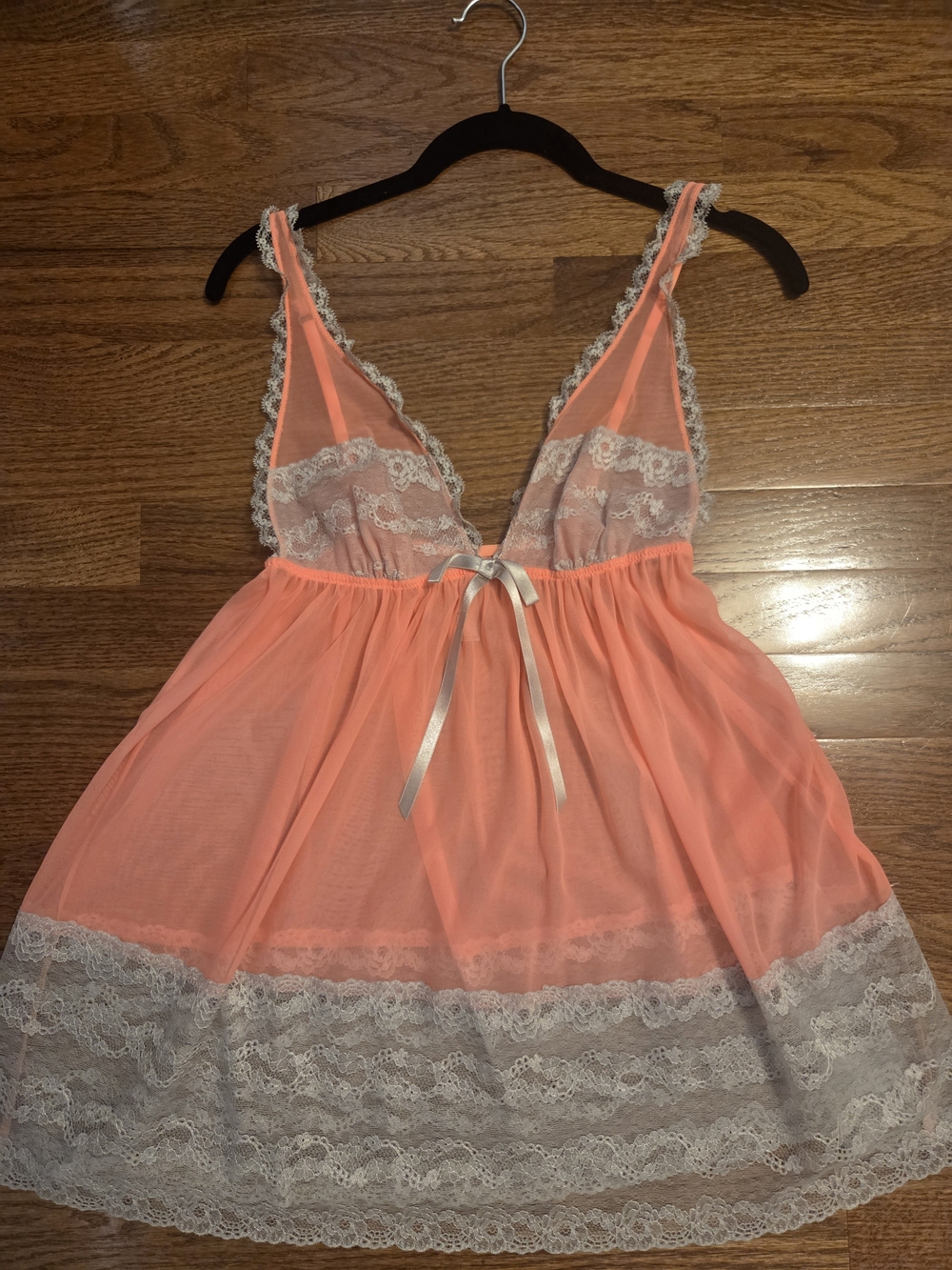 Victoria Secret Sheer Coral Lace Trim Babydoll Nightie, M